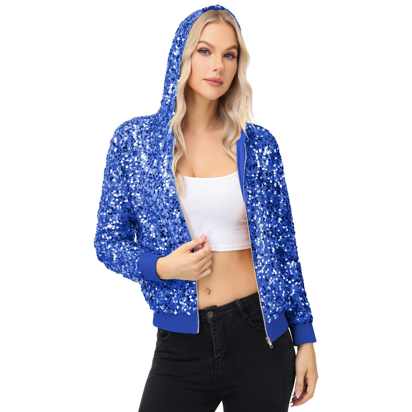 Zip-Up Hoodie Jacket with Allover Sequin Embellishments and Ribbed Trim