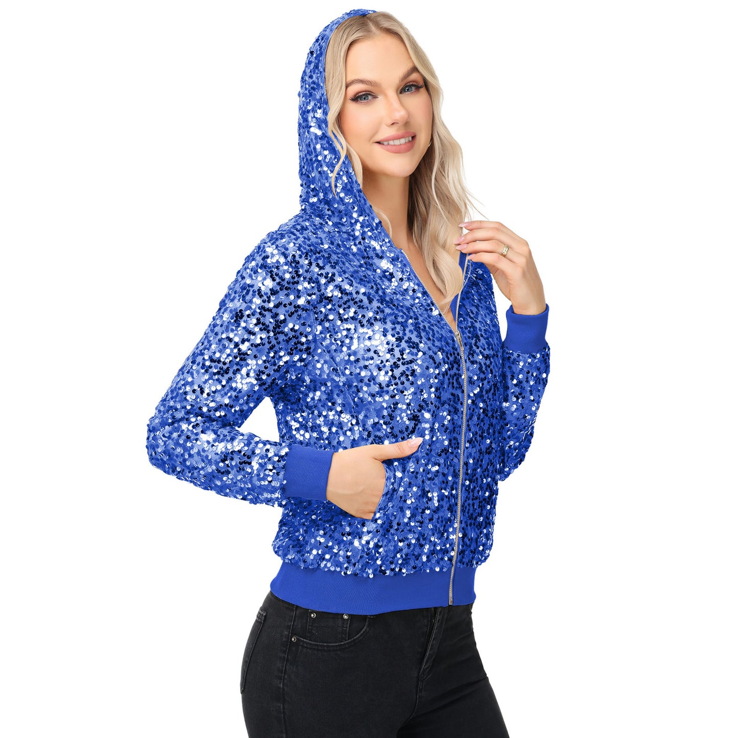 Zip-Up Hoodie Jacket with Allover Sequin Embellishments and Ribbed Trim