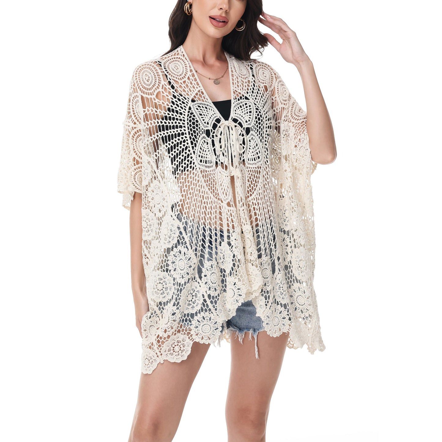 Open Front Crochet Cover-Up with Floral Pattern and Short Sleeves