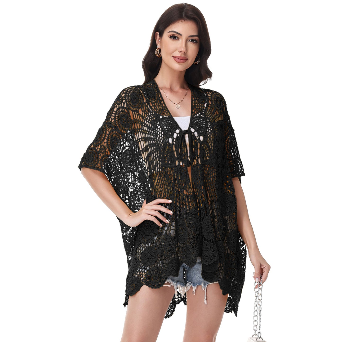Open Front Crochet Cover-Up with Floral Pattern and Short Sleeves