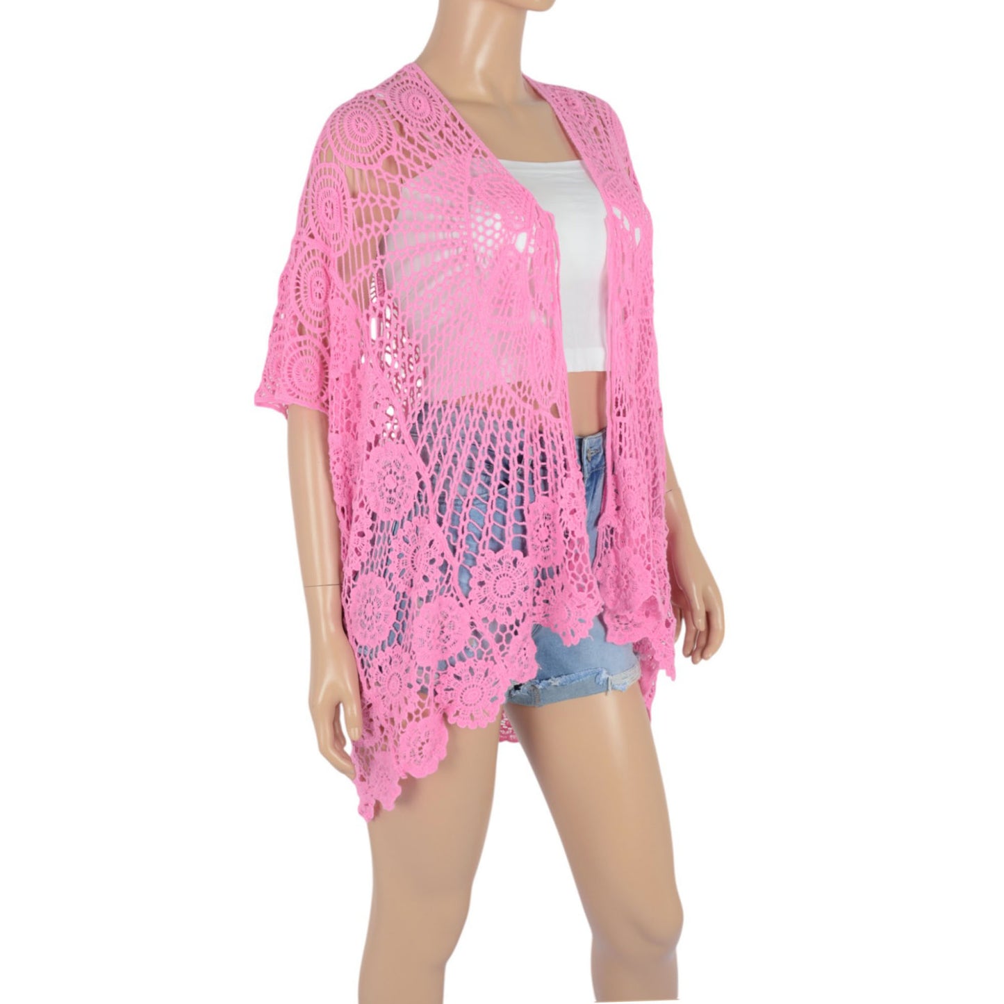 Open Front Crochet Cover-Up with Floral Pattern and Short Sleeves
