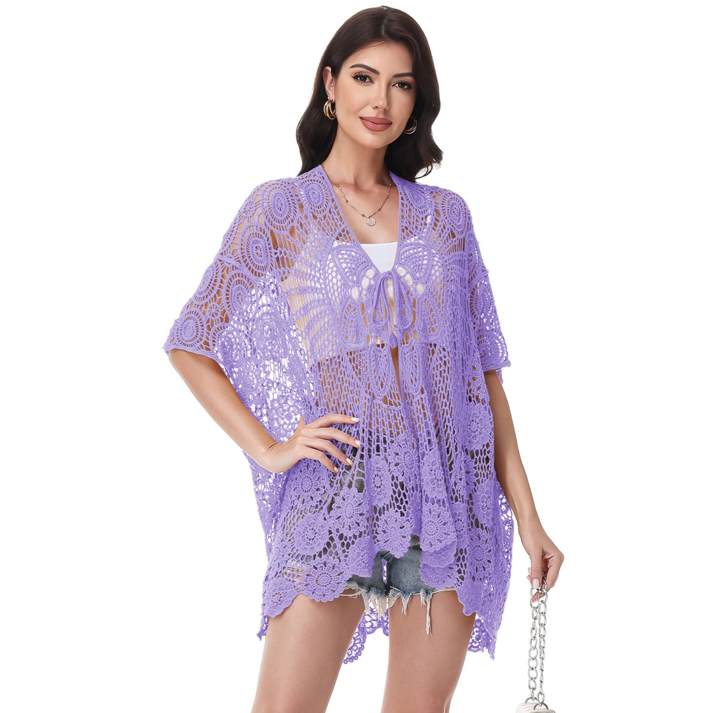 Open Front Crochet Cover-Up with Floral Pattern and Short Sleeves