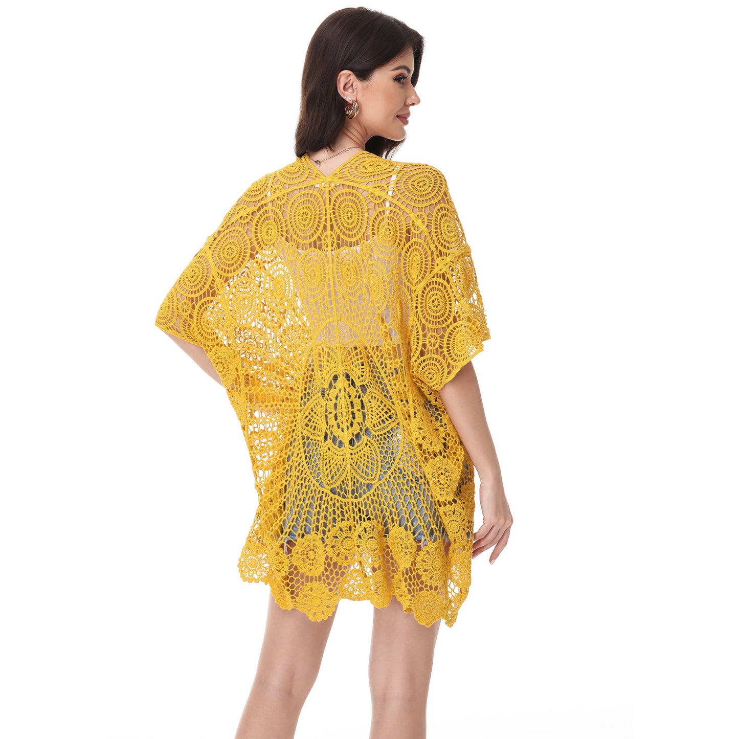 Open Front Crochet Cover-Up with Floral Pattern and Short Sleeves