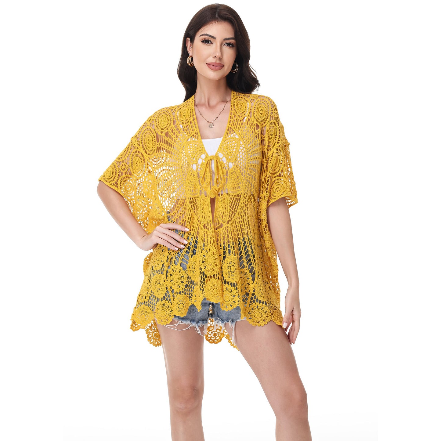 Open Front Crochet Cover-Up with Floral Pattern and Short Sleeves