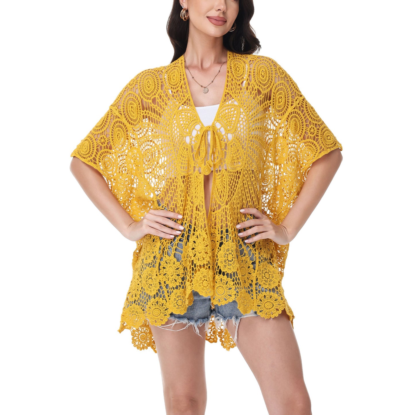 Open Front Crochet Cover-Up with Floral Pattern and Short Sleeves