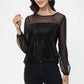 Sheer Mesh Long Sleeve Top with Sequin Front Panel and Crew Neckline