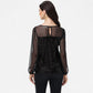 Sheer Mesh Long Sleeve Top with Sequin Front Panel and Crew Neckline