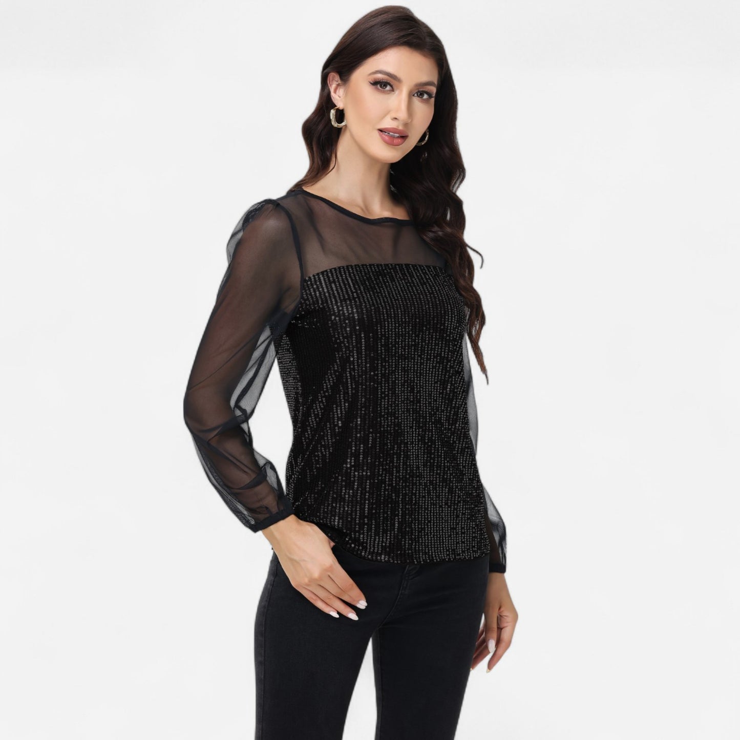 Sheer Mesh Long Sleeve Top with Sequin Front Panel and Crew Neckline