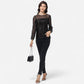 Sheer Mesh Long Sleeve Top with Sequin Front Panel and Crew Neckline