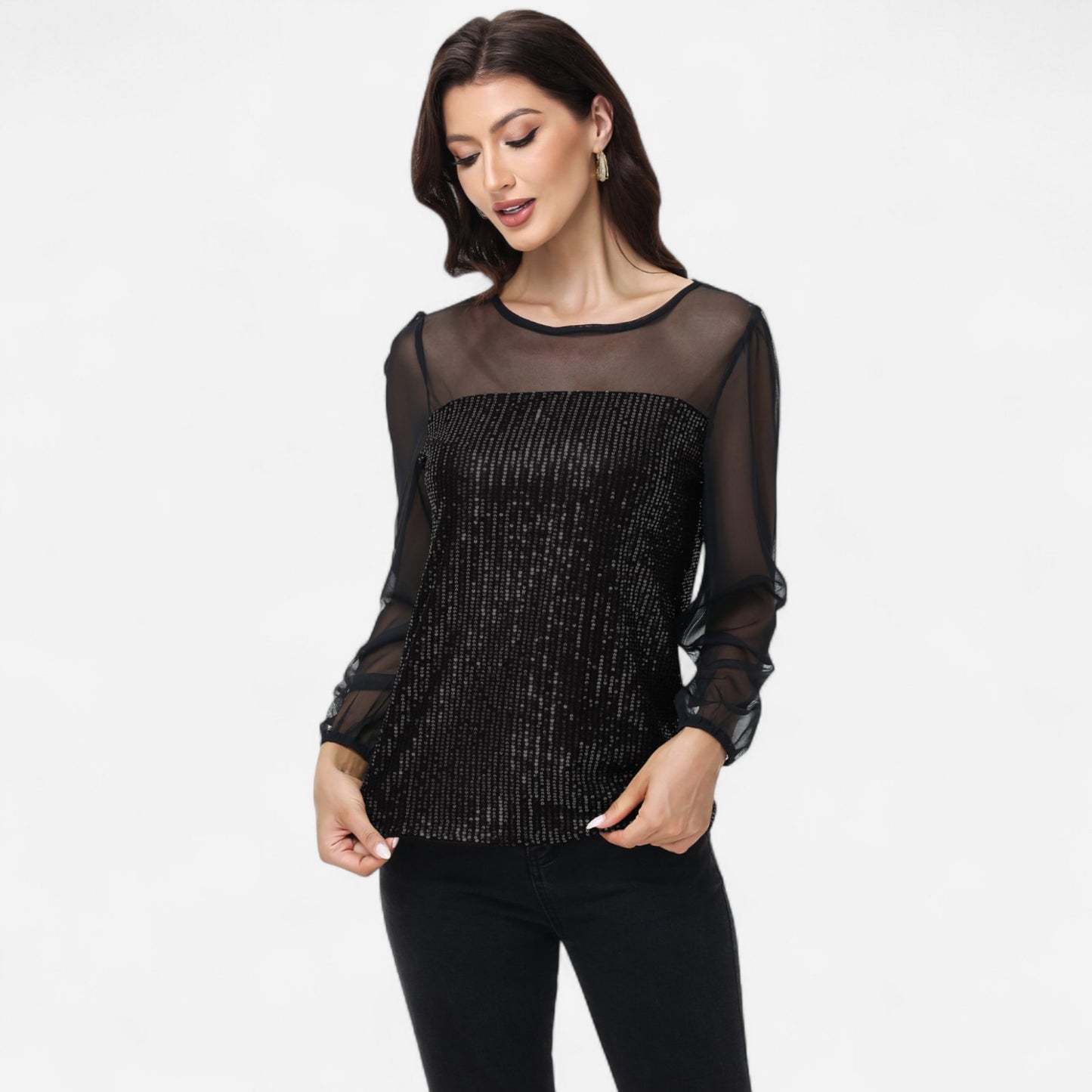 Sheer Mesh Long Sleeve Top with Sequin Front Panel and Crew Neckline