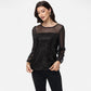 Sheer Mesh Long Sleeve Top with Sequin Front Panel and Crew Neckline