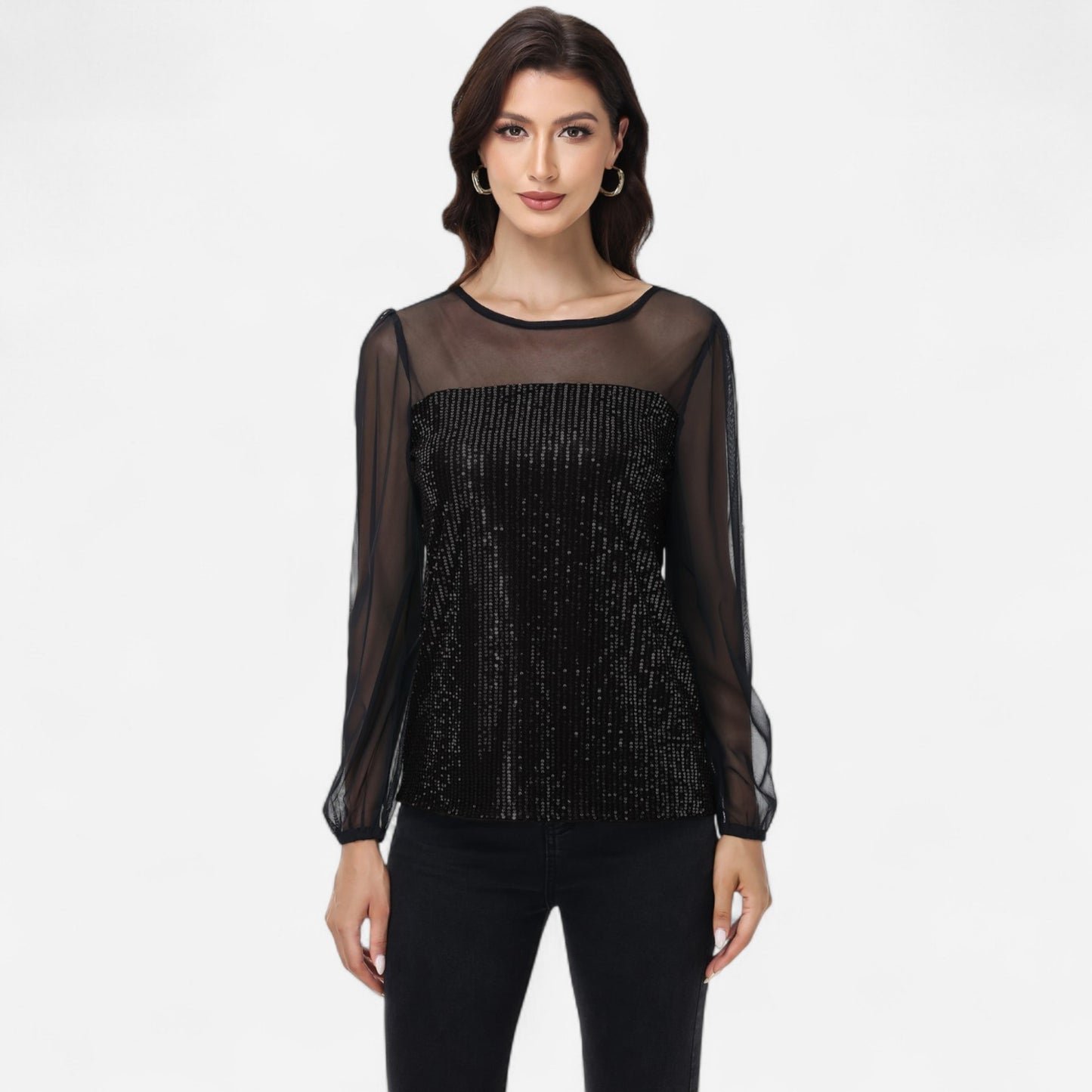 Sheer Mesh Long Sleeve Top with Sequin Front Panel and Crew Neckline