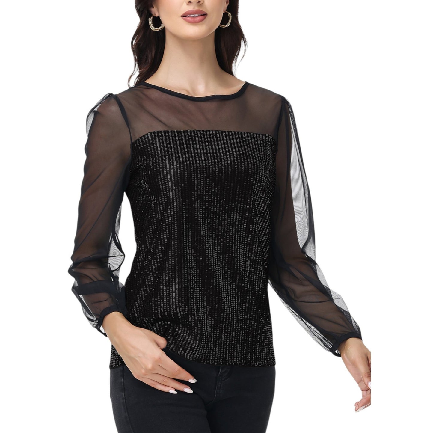 Sheer Mesh Long Sleeve Top with Sequin Front Panel and Crew Neckline
