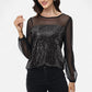 Sheer Mesh Long Sleeve Top with Sequin Front Panel and Crew Neckline