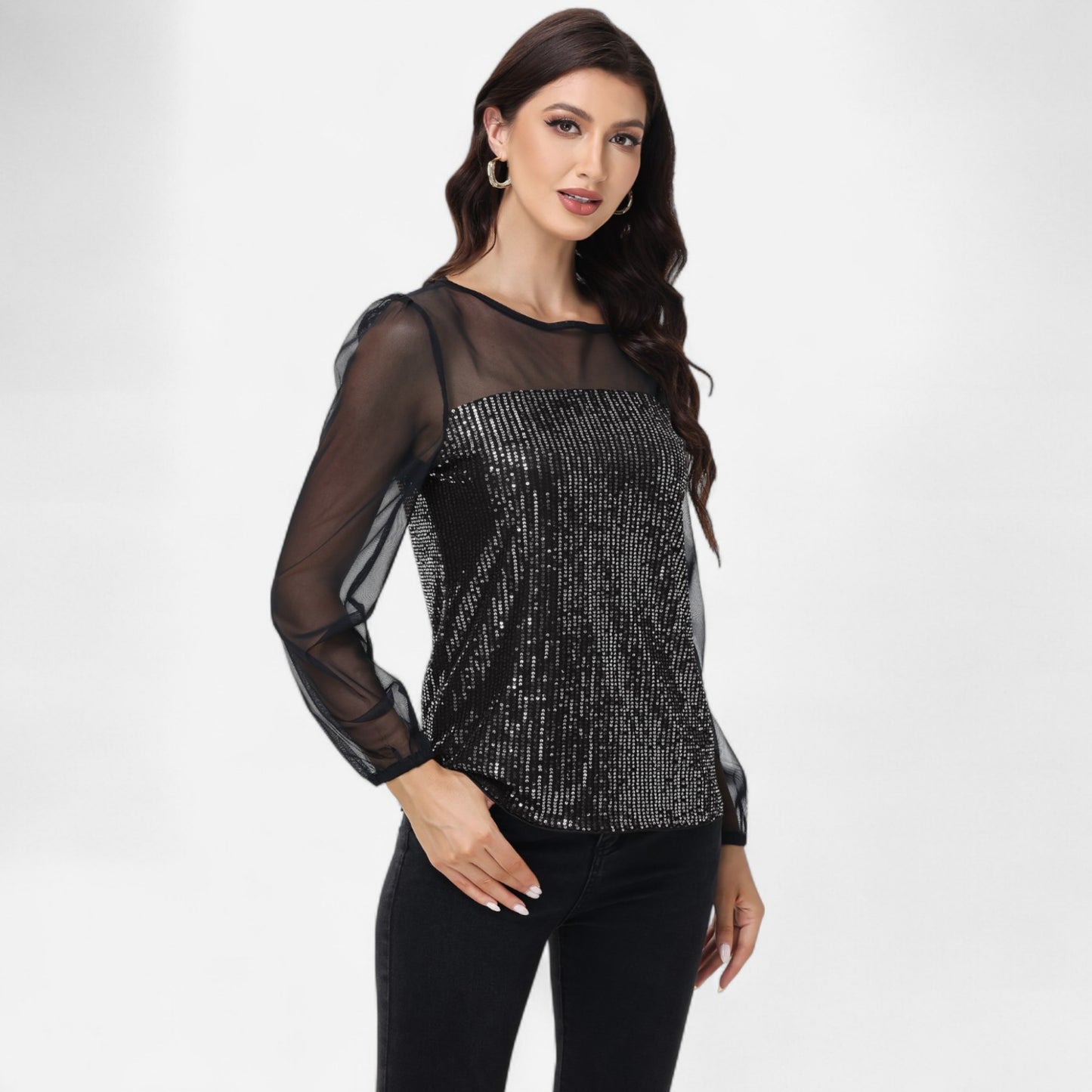 Sheer Mesh Long Sleeve Top with Sequin Front Panel and Crew Neckline