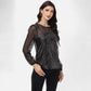 Sheer Mesh Long Sleeve Top with Sequin Front Panel and Crew Neckline