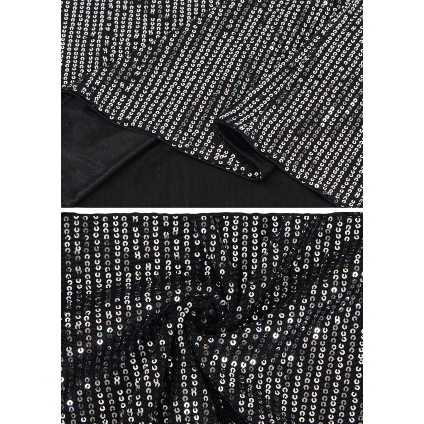 Sheer Mesh Long Sleeve Top with Sequin Front Panel and Crew Neckline