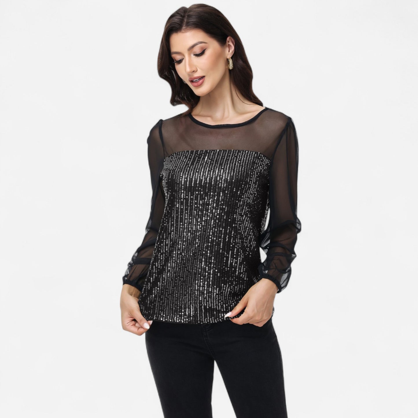 Sheer Mesh Long Sleeve Top with Sequin Front Panel and Crew Neckline