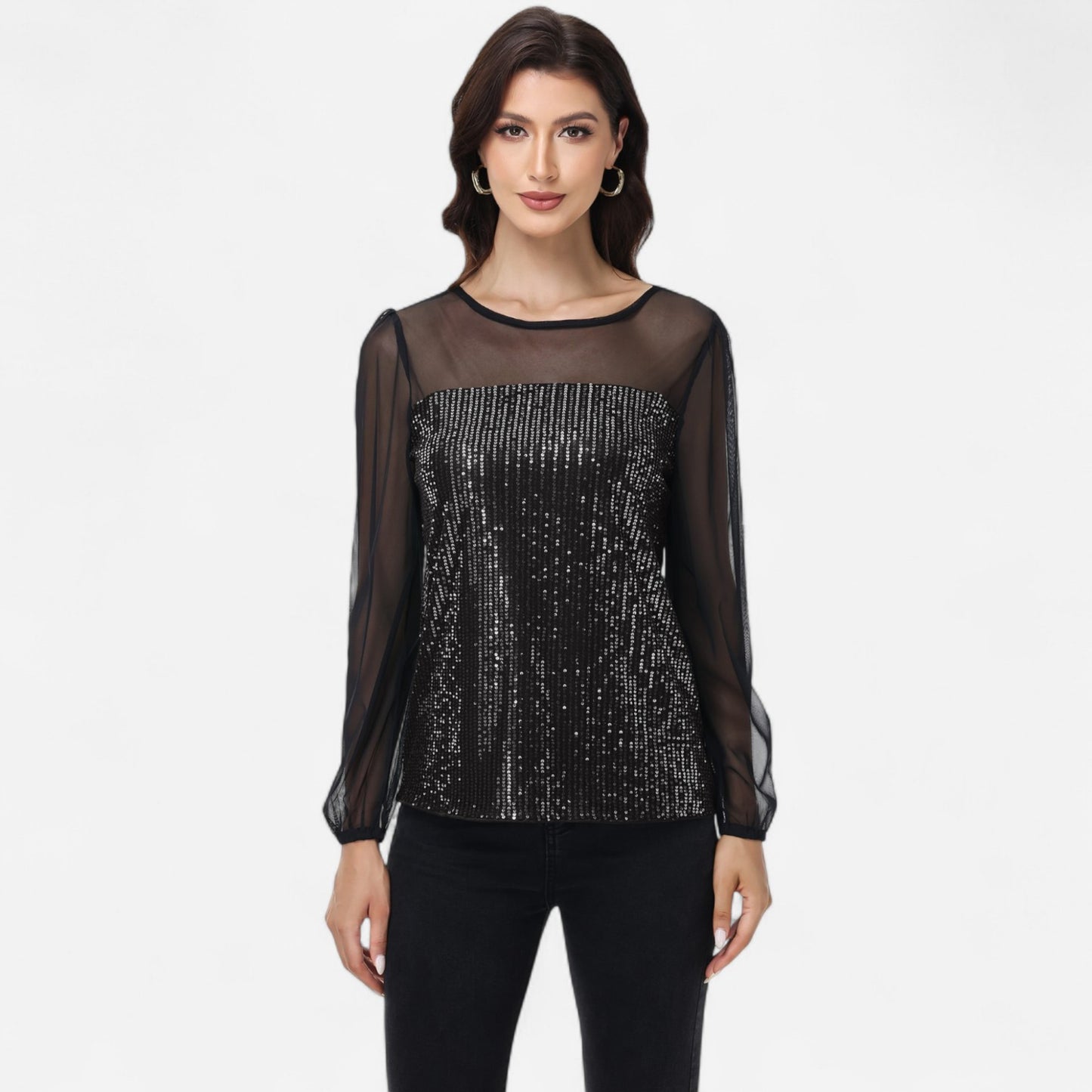 Sheer Mesh Long Sleeve Top with Sequin Front Panel and Crew Neckline