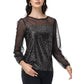 Sheer Mesh Long Sleeve Top with Sequin Front Panel and Crew Neckline