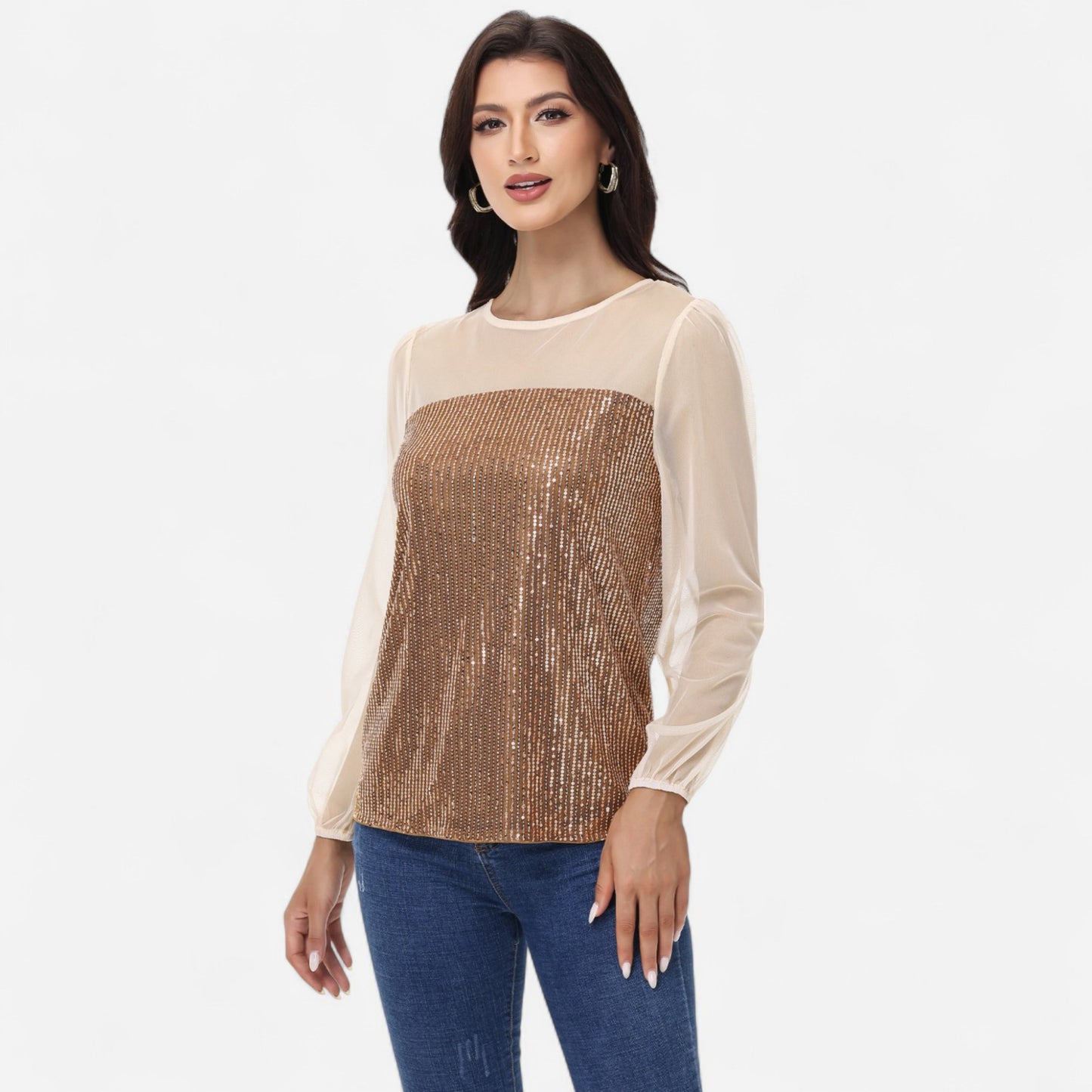 Sheer Mesh Long Sleeve Top with Sequin Front Panel and Crew Neckline