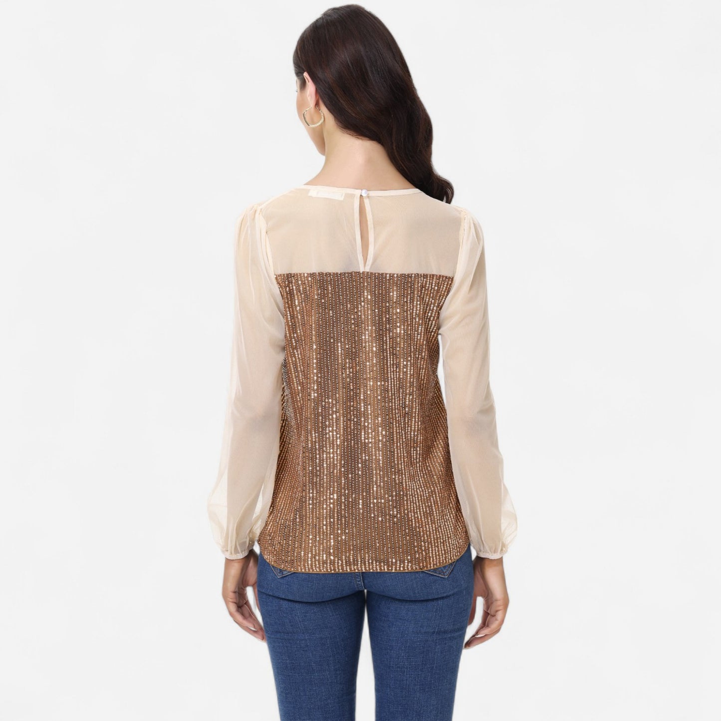 Sheer Mesh Long Sleeve Top with Sequin Front Panel and Crew Neckline