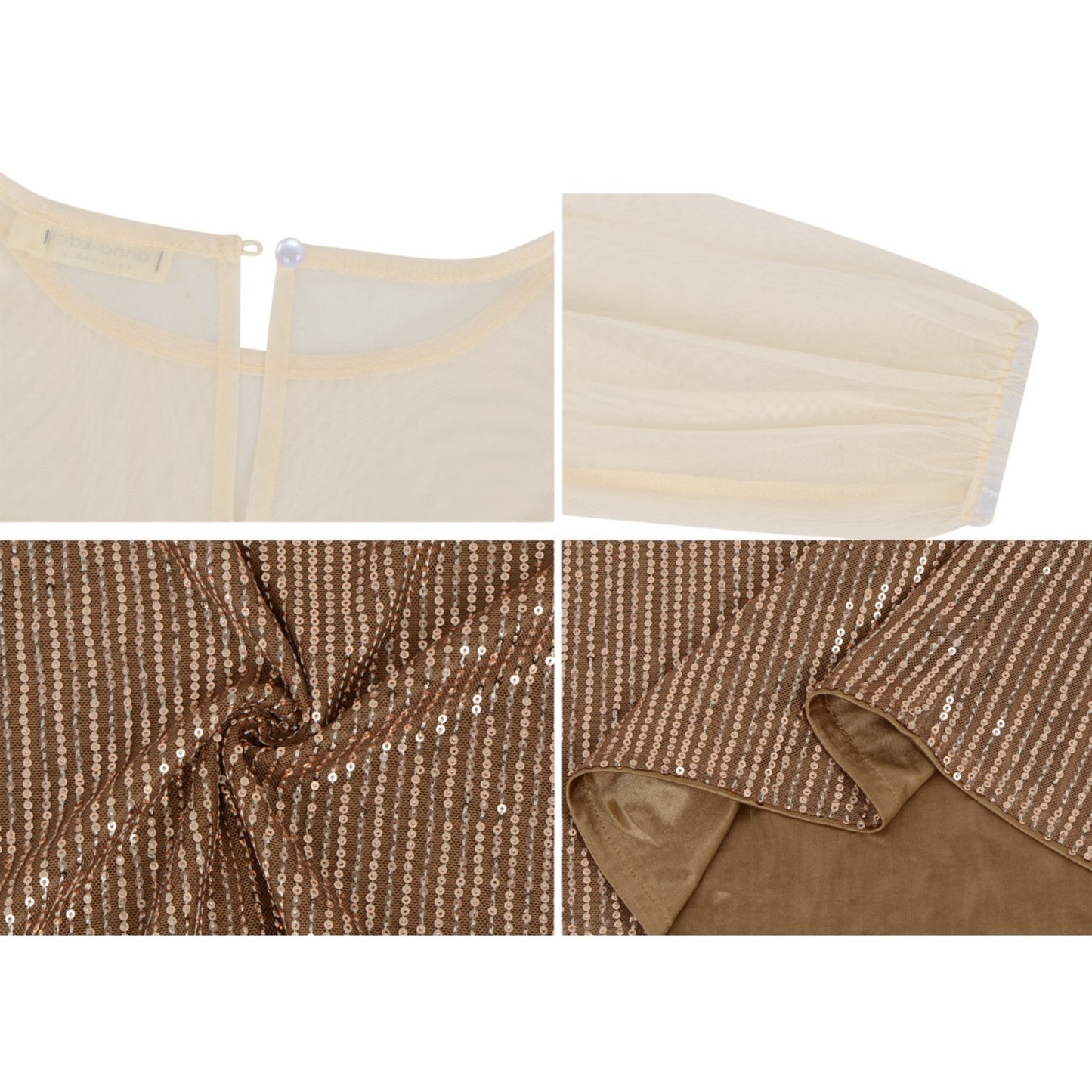 Sheer Mesh Long Sleeve Top with Sequin Front Panel and Crew Neckline