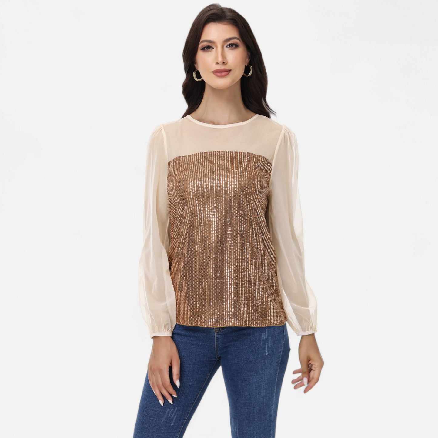 Sheer Mesh Long Sleeve Top with Sequin Front Panel and Crew Neckline