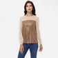 Sheer Mesh Long Sleeve Top with Sequin Front Panel and Crew Neckline