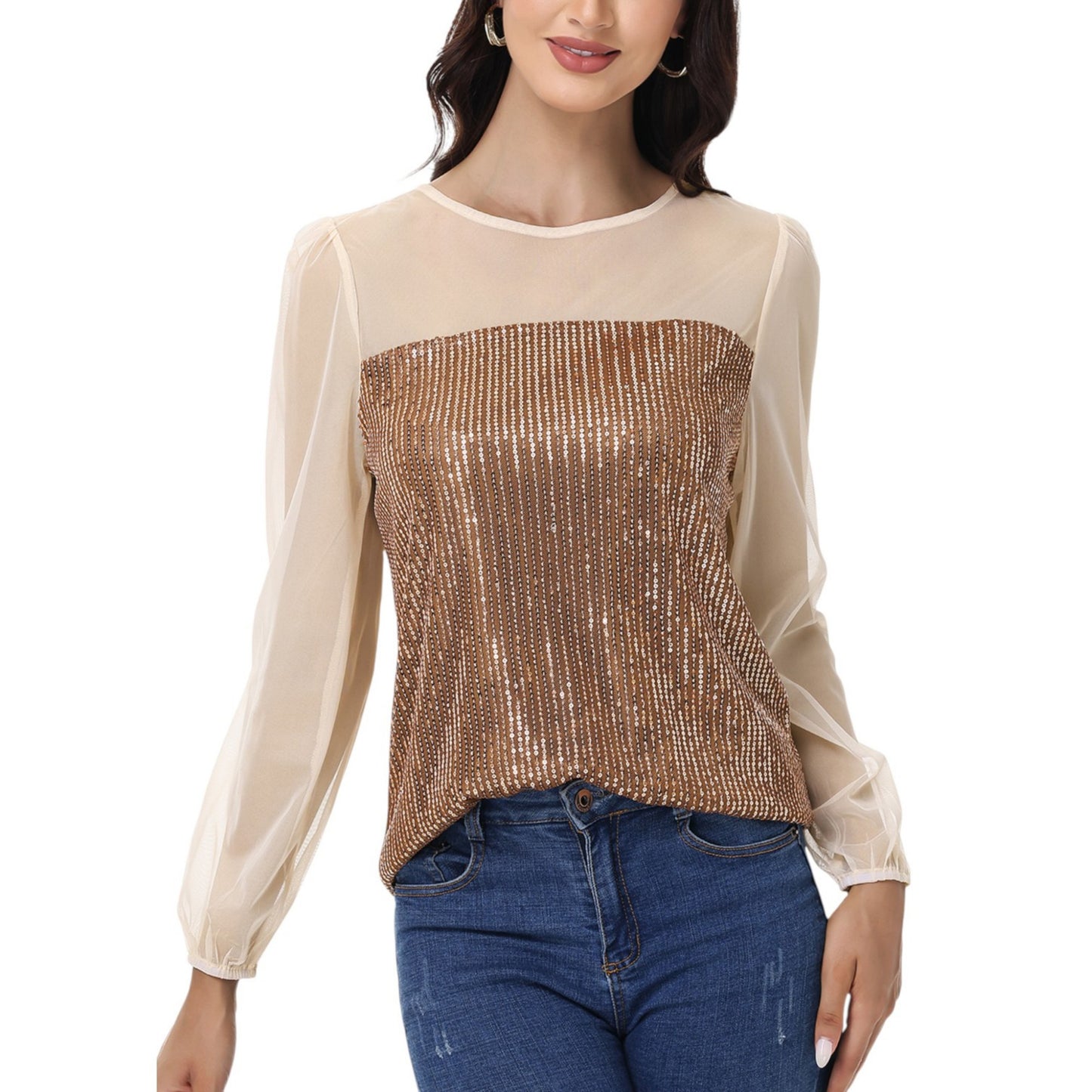 Sheer Mesh Long Sleeve Top with Sequin Front Panel and Crew Neckline
