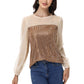 Sheer Mesh Long Sleeve Top with Sequin Front Panel and Crew Neckline