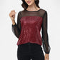 Sheer Mesh Long Sleeve Top with Sequin Front Panel and Crew Neckline