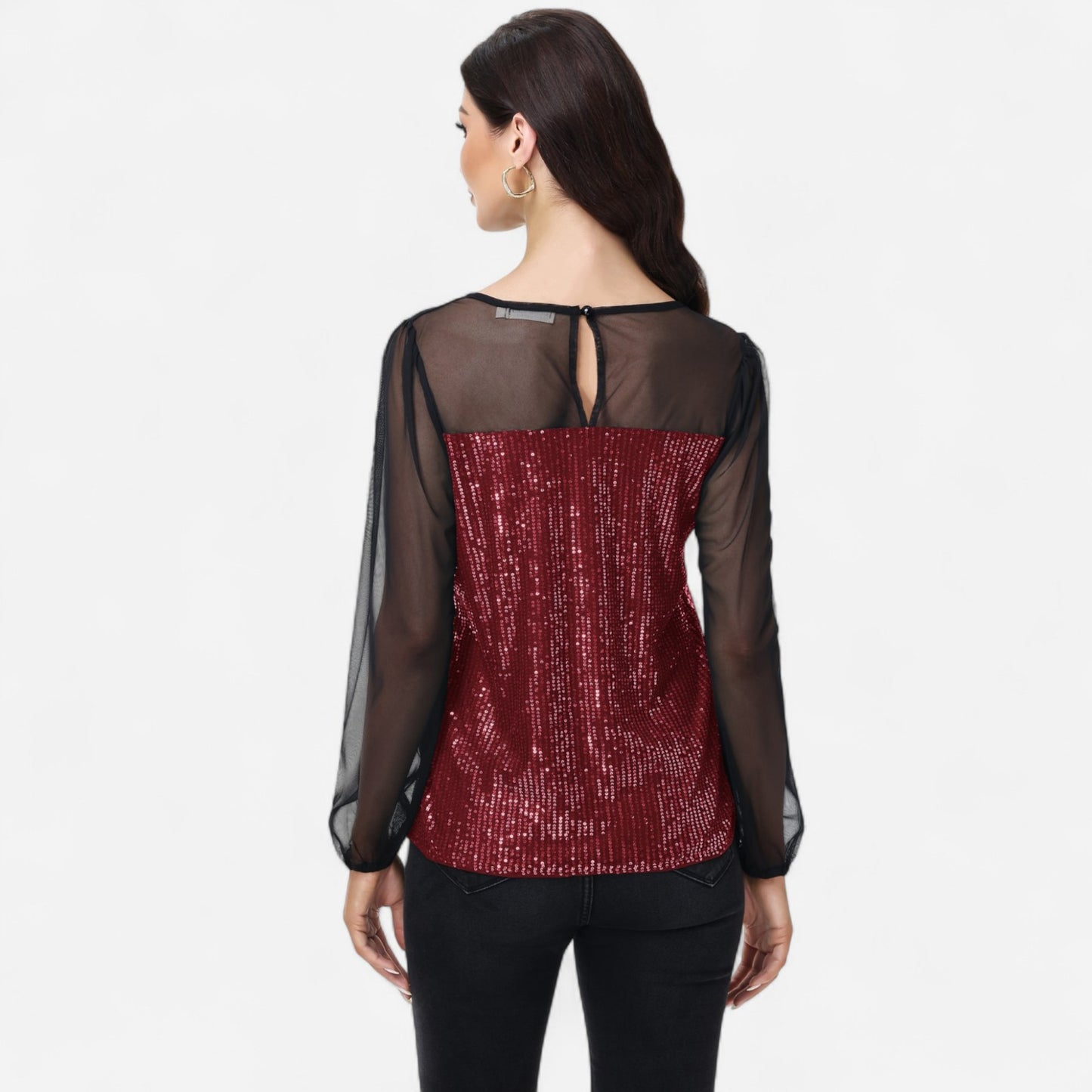 Sheer Mesh Long Sleeve Top with Sequin Front Panel and Crew Neckline