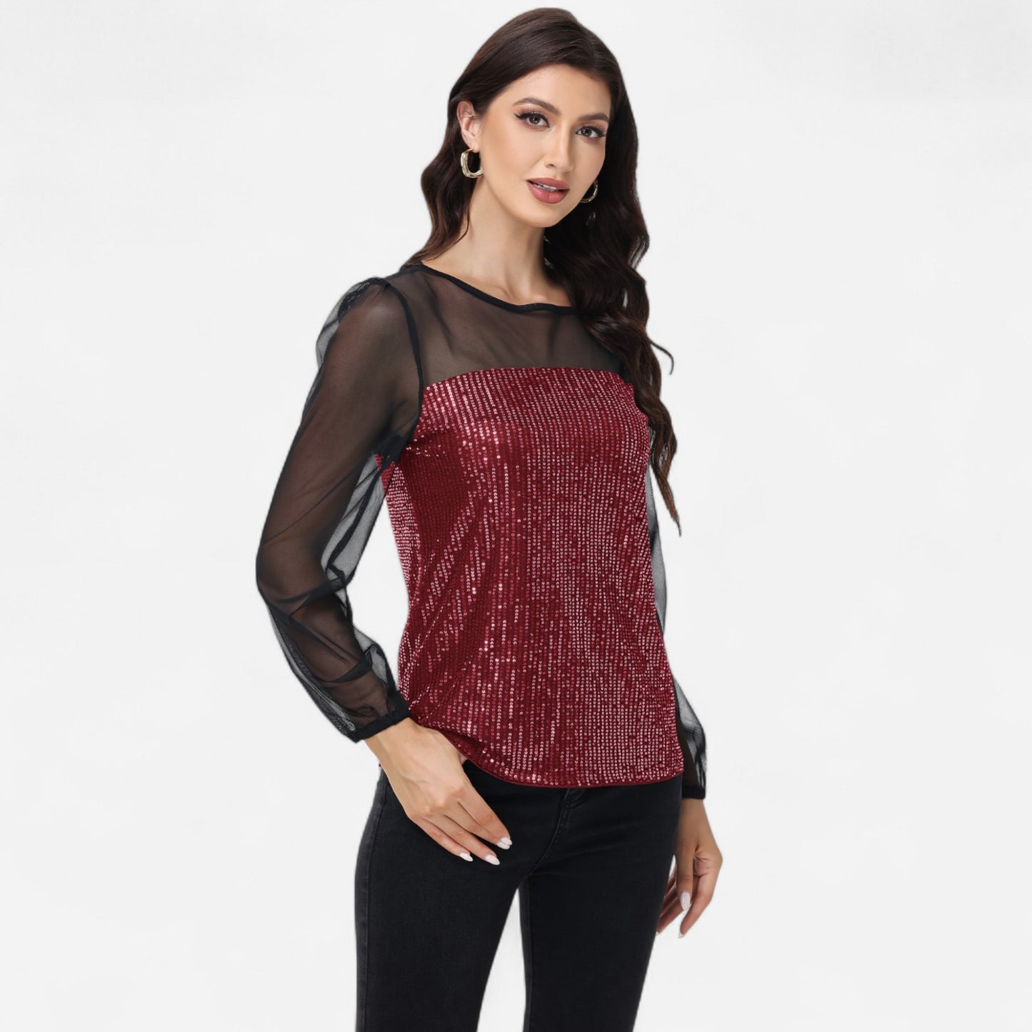 Sheer Mesh Long Sleeve Top with Sequin Front Panel and Crew Neckline