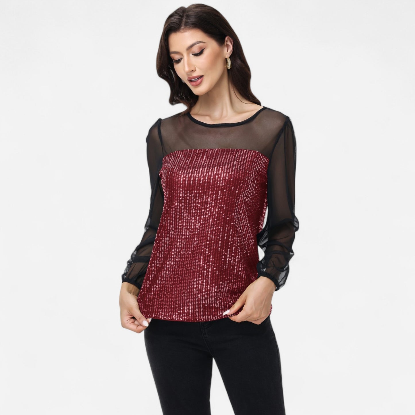 Sheer Mesh Long Sleeve Top with Sequin Front Panel and Crew Neckline