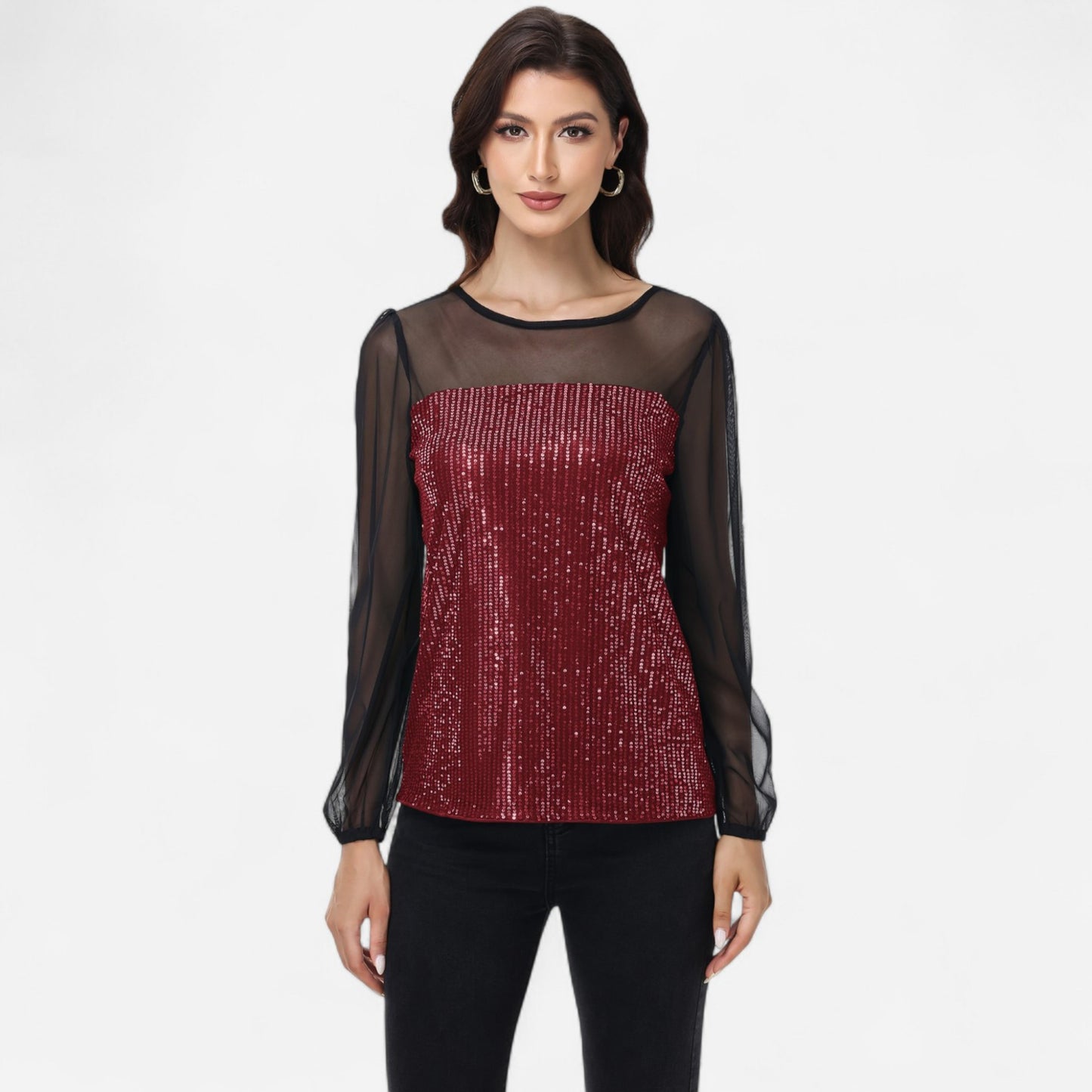Sheer Mesh Long Sleeve Top with Sequin Front Panel and Crew Neckline