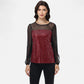 Sheer Mesh Long Sleeve Top with Sequin Front Panel and Crew Neckline