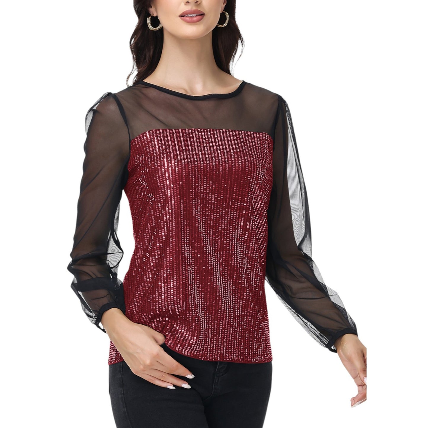 Sheer Mesh Long Sleeve Top with Sequin Front Panel and Crew Neckline