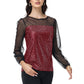 Sheer Mesh Long Sleeve Top with Sequin Front Panel and Crew Neckline