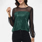 Sheer Mesh Long Sleeve Top with Sequin Front Panel and Crew Neckline