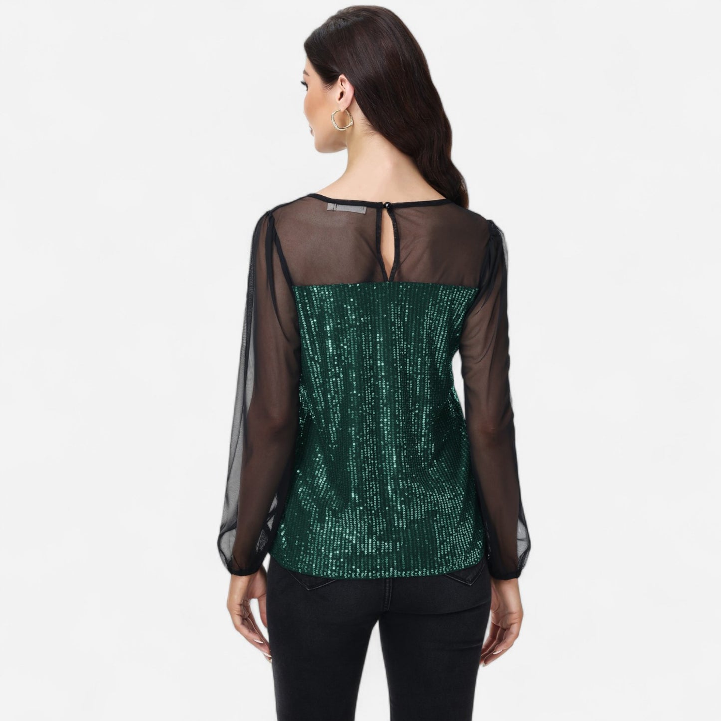 Sheer Mesh Long Sleeve Top with Sequin Front Panel and Crew Neckline