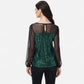 Sheer Mesh Long Sleeve Top with Sequin Front Panel and Crew Neckline