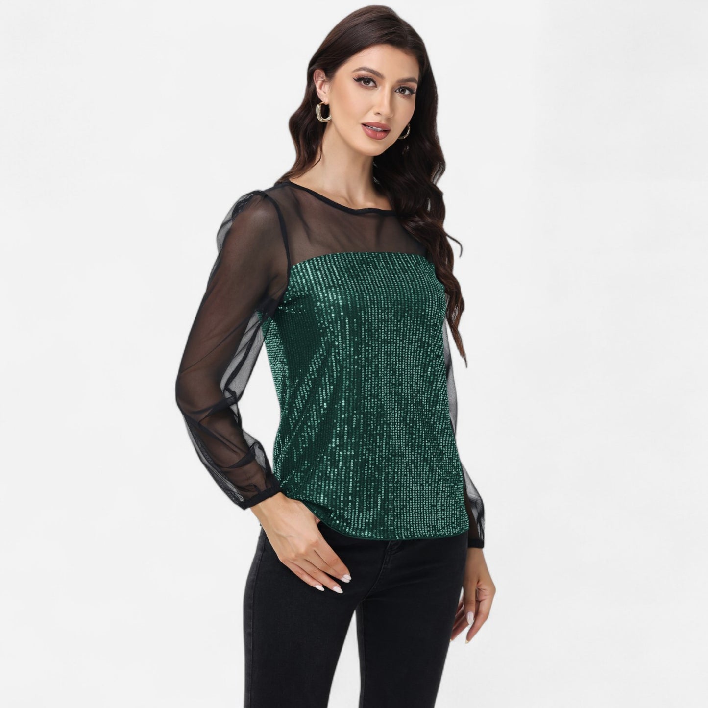 Sheer Mesh Long Sleeve Top with Sequin Front Panel and Crew Neckline