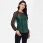 Sheer Mesh Long Sleeve Top with Sequin Front Panel and Crew Neckline