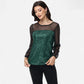 Sheer Mesh Long Sleeve Top with Sequin Front Panel and Crew Neckline