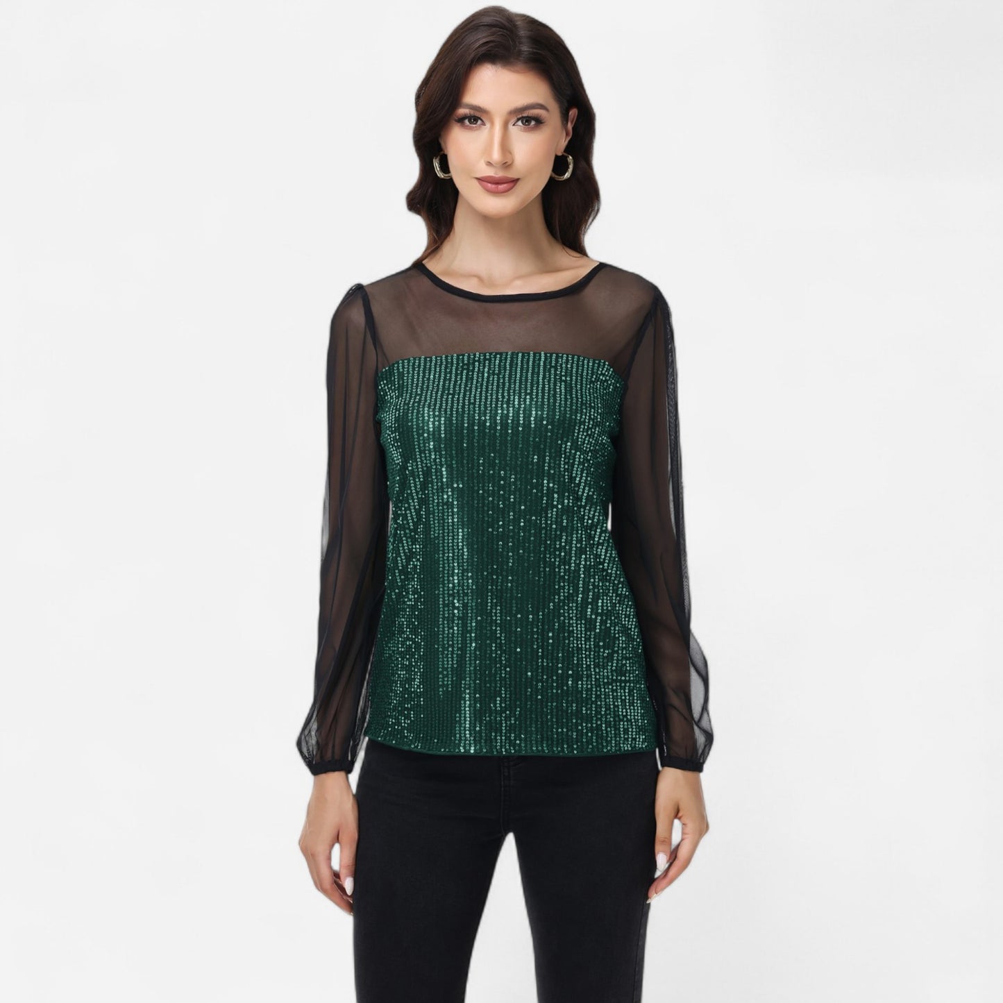Sheer Mesh Long Sleeve Top with Sequin Front Panel and Crew Neckline