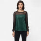 Sheer Mesh Long Sleeve Top with Sequin Front Panel and Crew Neckline