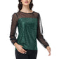 Sheer Mesh Long Sleeve Top with Sequin Front Panel and Crew Neckline