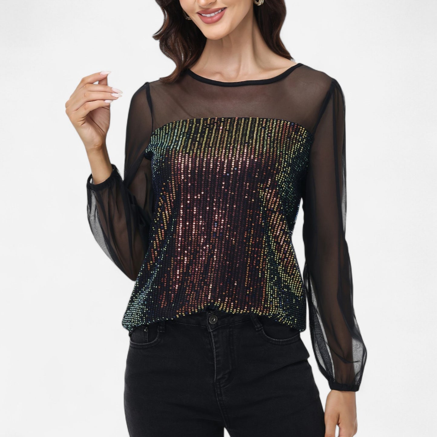 Sheer Mesh Long Sleeve Top with Sequin Front Panel and Crew Neckline