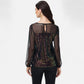 Sheer Mesh Long Sleeve Top with Sequin Front Panel and Crew Neckline